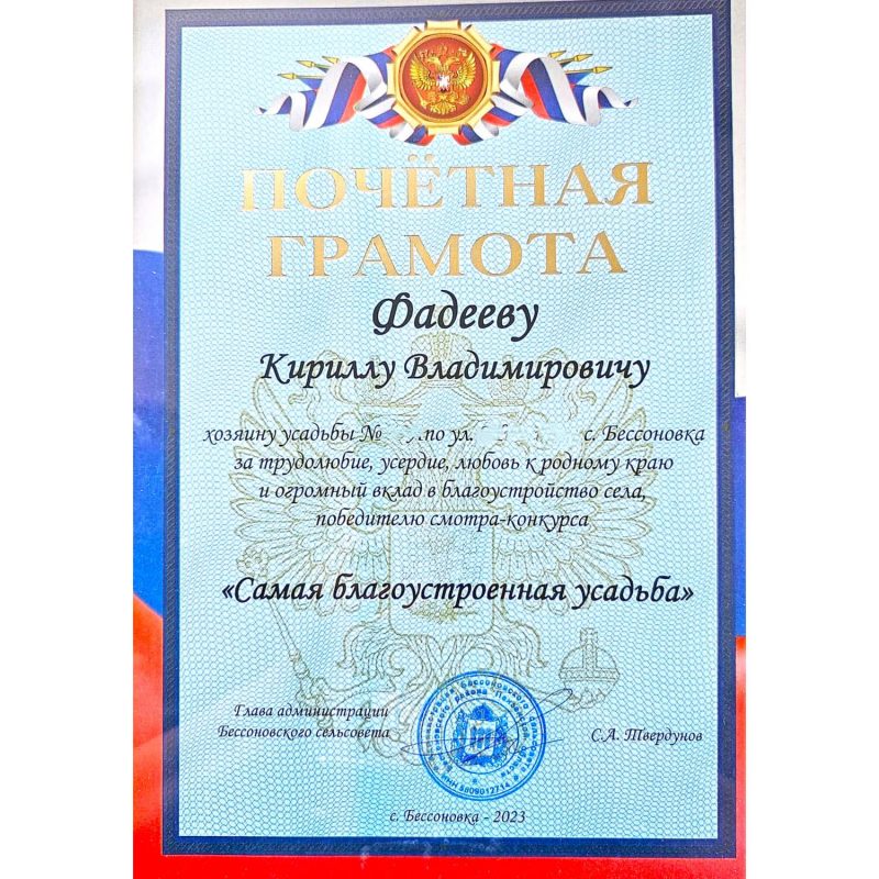 Почётная грамота Фадеев К.В.